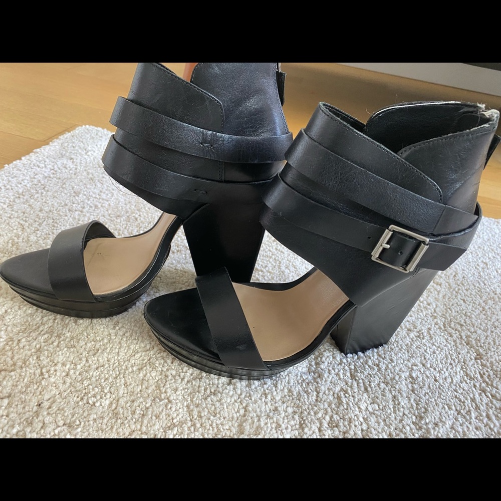 Stylish leather open toe BCBG heels slightly worn